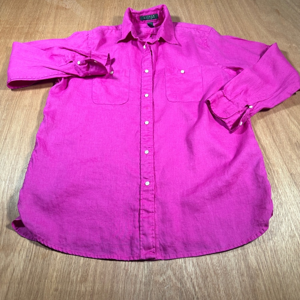 Lauren Ralph Lauren Shirt Women PL Pink Linen Button Down Long Sleeve Top